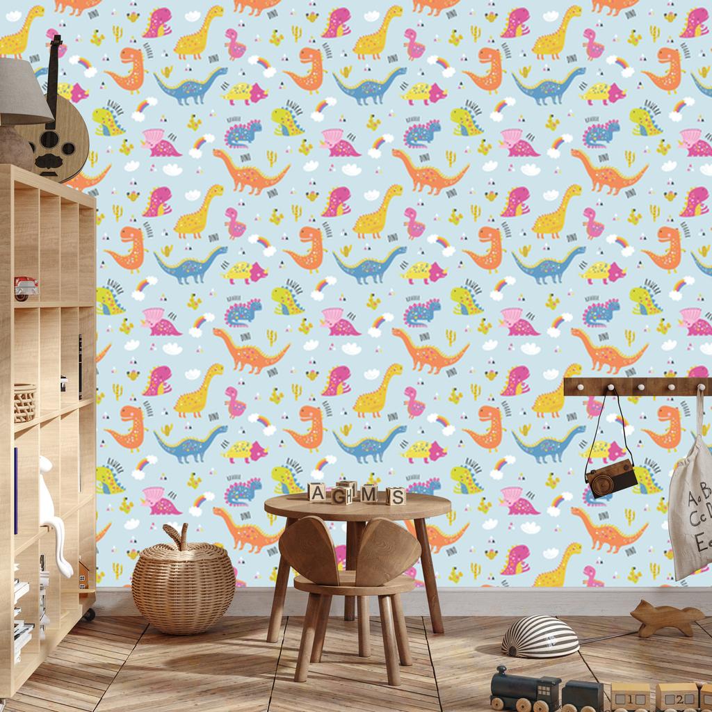 Wallpaper Colorful dinosaurs cacti rainbows for living room and bedroom 50x1000