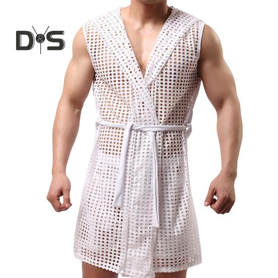 Menn Sexy hette Nattkjole Ermeløs Ensfarge Hollow Out Mesh Sommer Loungewear Snøring Nattkåpe Hjemmeklær