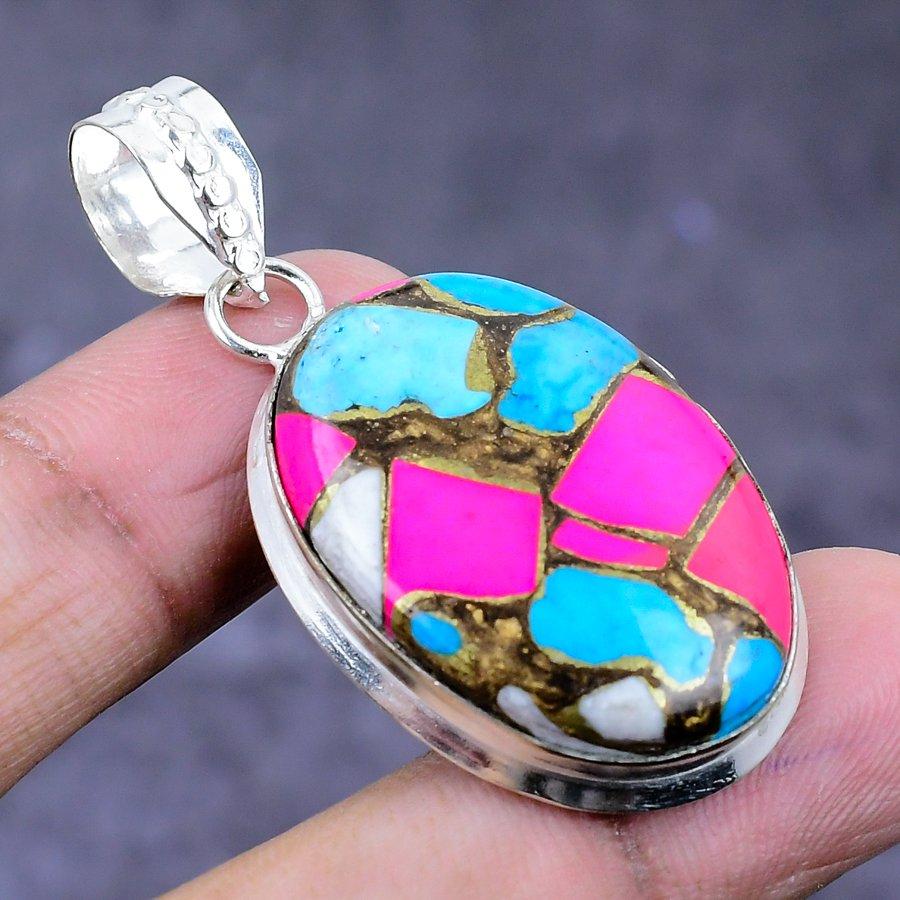 Natural Cotton Candy Gemstone 925 Sterling Silver Jewelry Pendant 1.93" ETC-14363