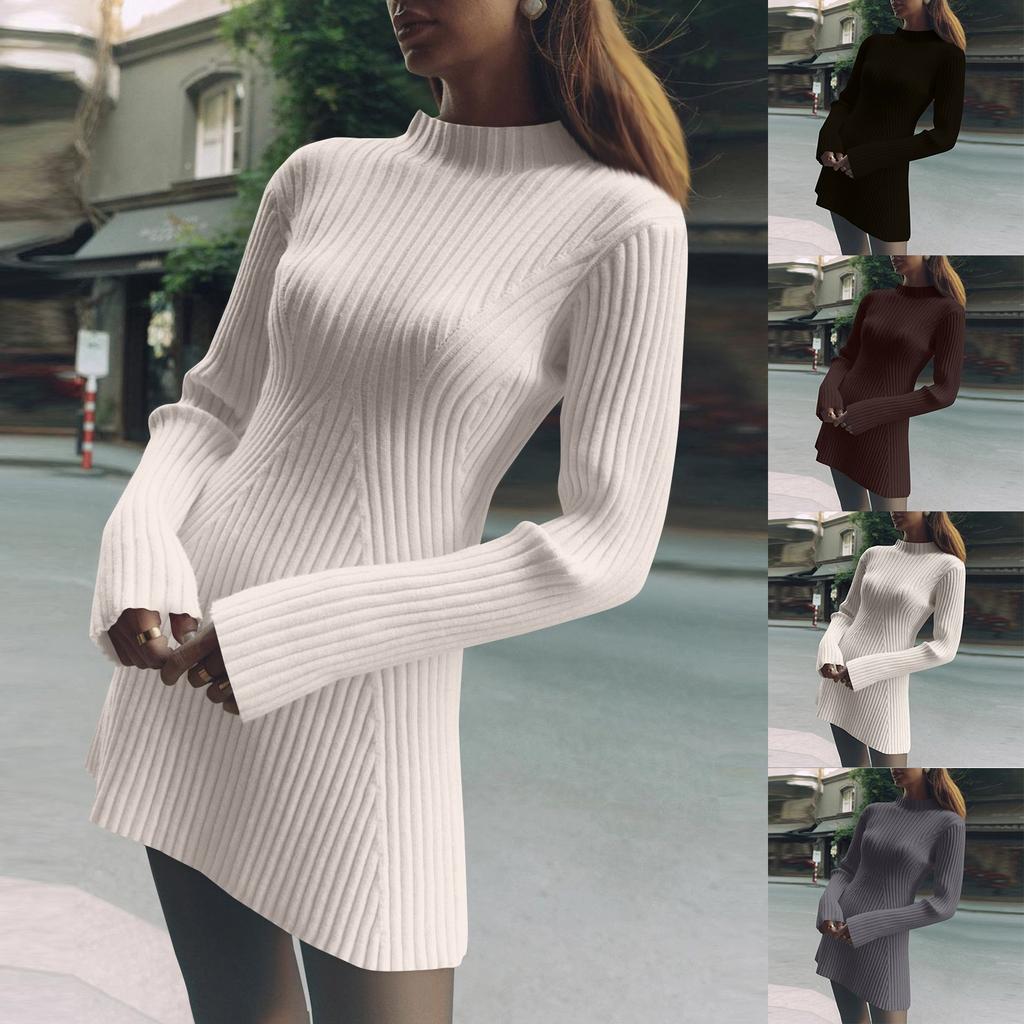 Dámské jednobarevné temperované šaty s volným svetrem a kulatým výstřihem