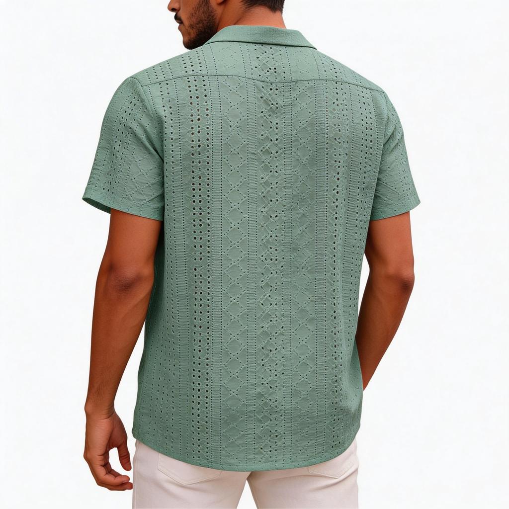 Men's Casual Fashionable Short-sleeved Shirt - Men's Mesh Fabric Lightweight And Breathable Retro Shirt