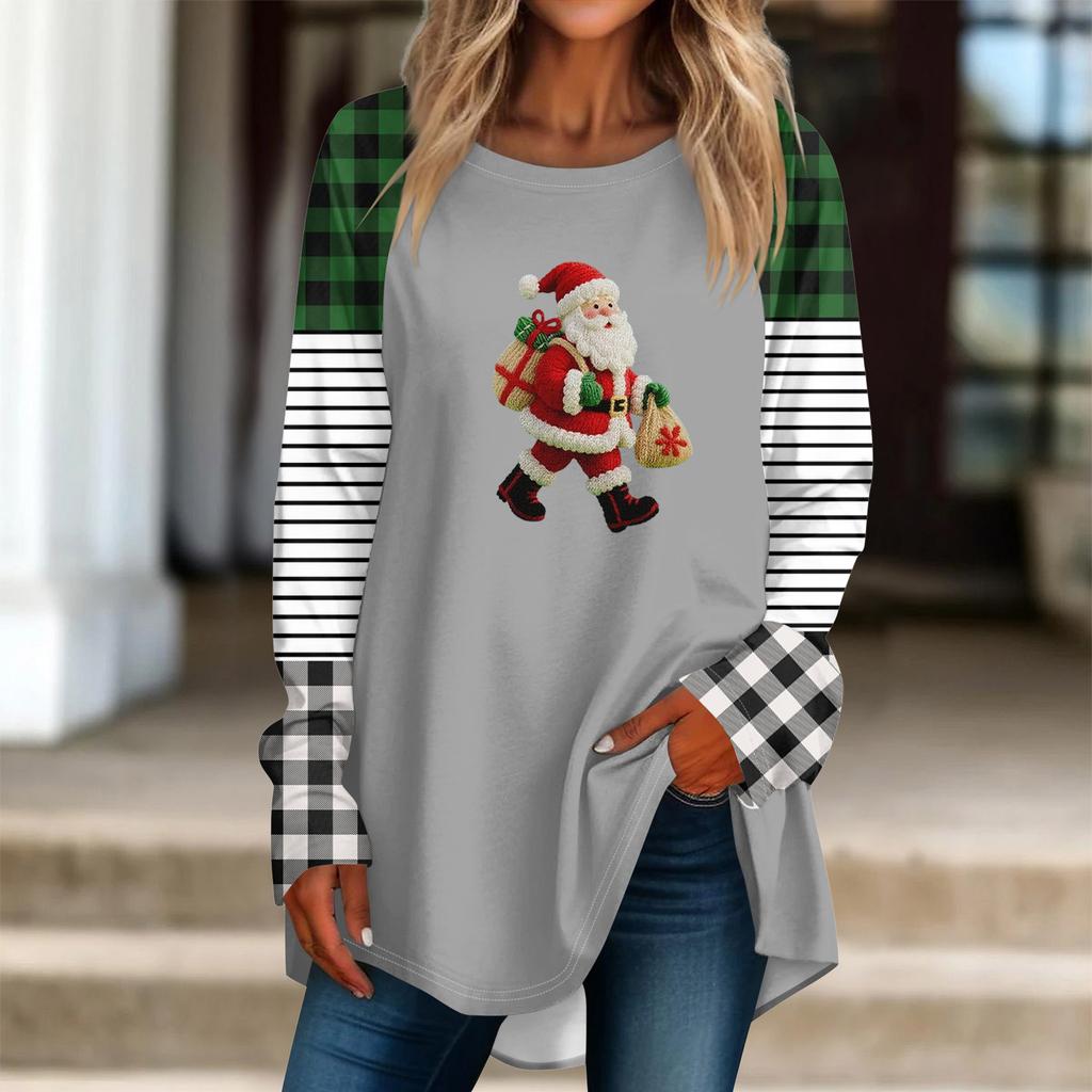 Fashionable Women's Loose Round Neck Christmas Small Print Long-sleeved T-shirt Top Pullover