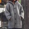 Women's Hooded Long Sleeve Loose Fit Solid Color Mid Length Knit Cardigan Casual Single Breasted Sweater Coat