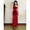# Sisjuly# Flamenco Kiss Elegant Strapless Dress Cinched Mesh Patchwork Long Dress Red Dress Female