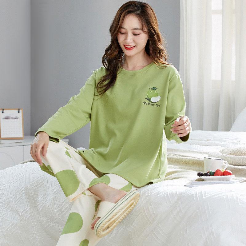 Lente en Herfst Nieuwe Dames Pyjama Huispak Set Meisjes Lange Mouwen Lange Broek Eenvoudig Ontspanning Grote Maat Huispak Set