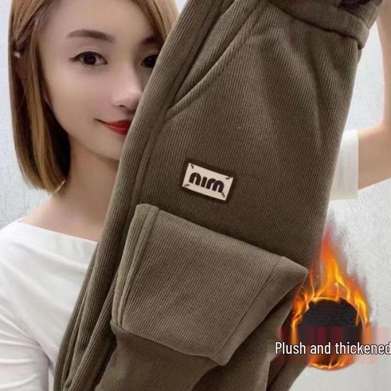 Damen Hochtaillierte Lammwoll-Plüsch-Sweathose - Warm, Figurbetont, Vielseitig und Verdickt Lässige Karottenhose für den Winter