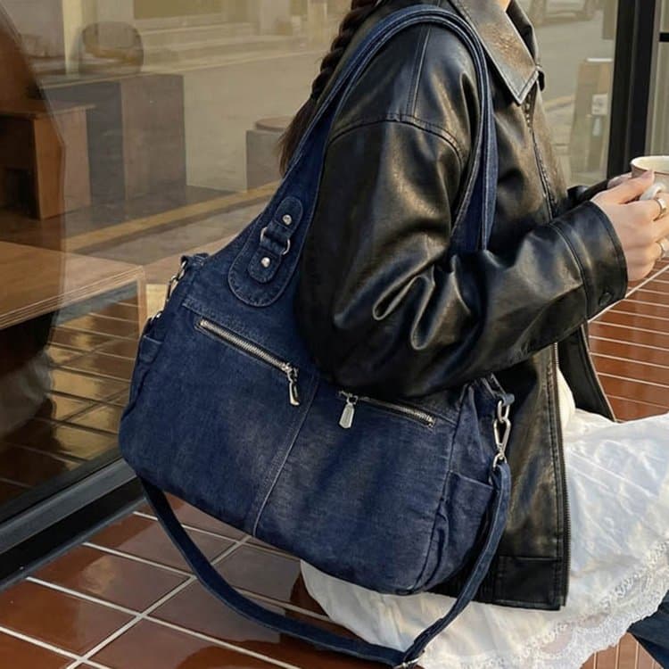 Bolsa tote de brim lavado de grande capacidade bolsa de ombro feminina