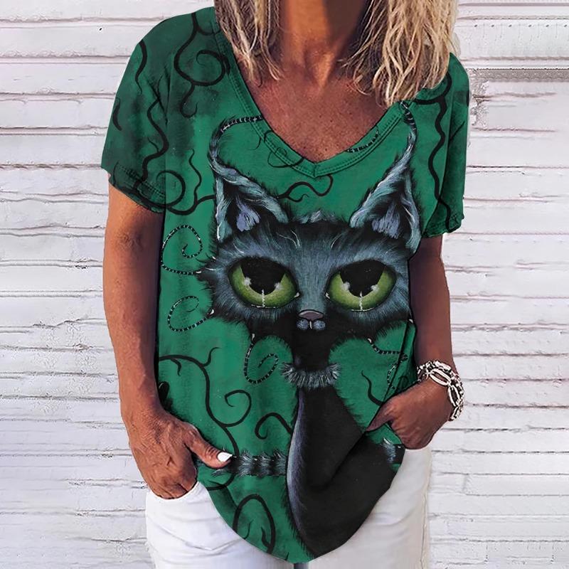 

Женская футболка с 3d модным принтом кота, v-образным вырезом и коротким рукавом, базовые топы, уличная одежда, летняя повседневная женская одежда больших размеров, 5XL 4XL