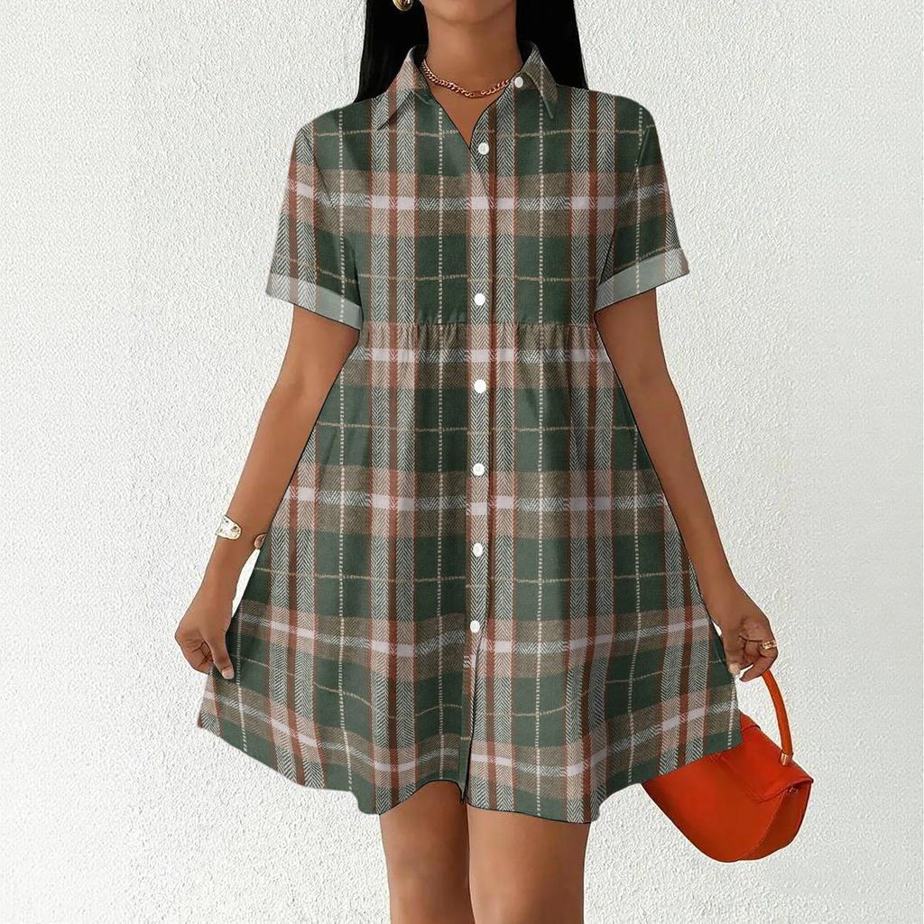 Women’s Casual Loose Fit Shirt Dress Button Front Stand Collar Plaid Pattern Short Sleeve Relaxed Tunic Dress for Daily Wear