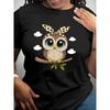 Women Whimsical Owl Graphic Tee Crew Neck Short Sleeve Leopard Bow Clouds Spring Summer Fall Casual Harajuku Top