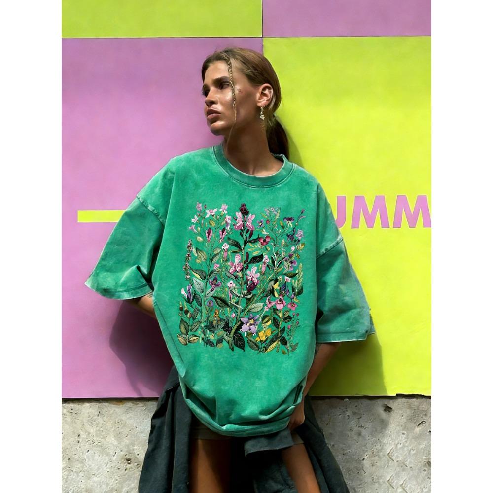 With Different Beautiful Flower Prints, Women's Washed T-shirts, Summer Loose T-shirts, Round Neck Clothes, All-match Streetwear