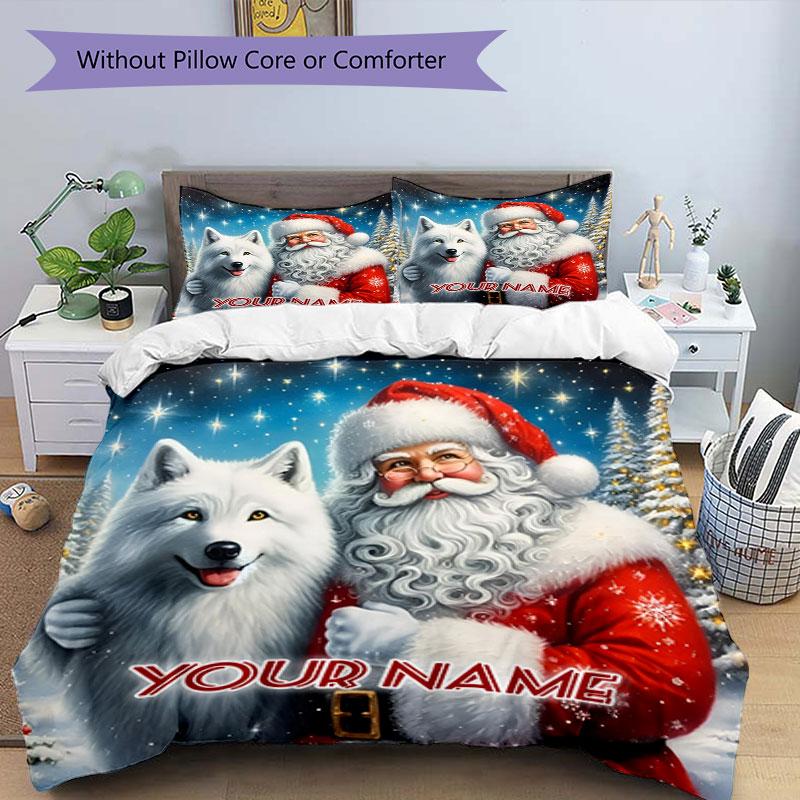 3PC Custom Name Santa's Winter Journey Bedding Set Printed Bedding Set Duvet Cover Closure Includes 1 Duvet Cover & 2 Pillowcases for All Seasons Bedr