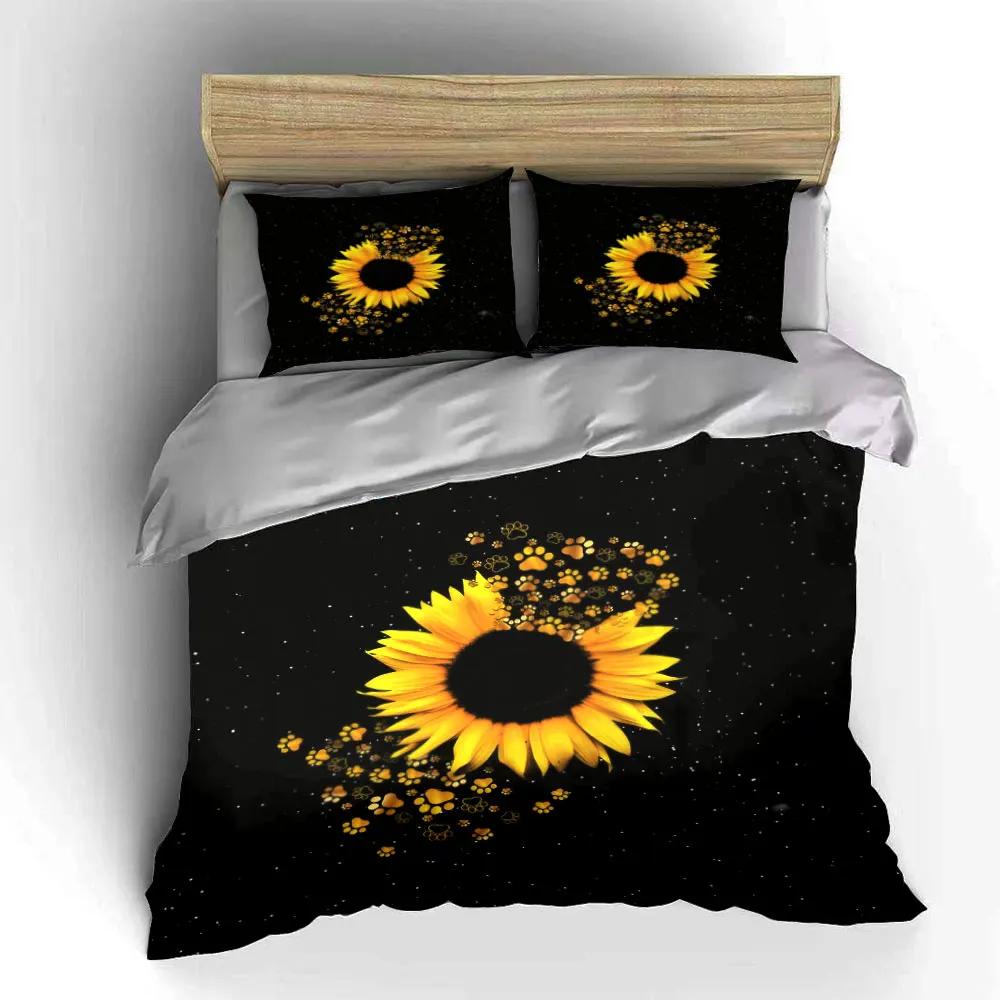 Sunflower Paw Print Decor Set Soft Comfortable Duvet Cover Bedding Set Included 1*Duvet Cover & 2*Pillowcases Gift