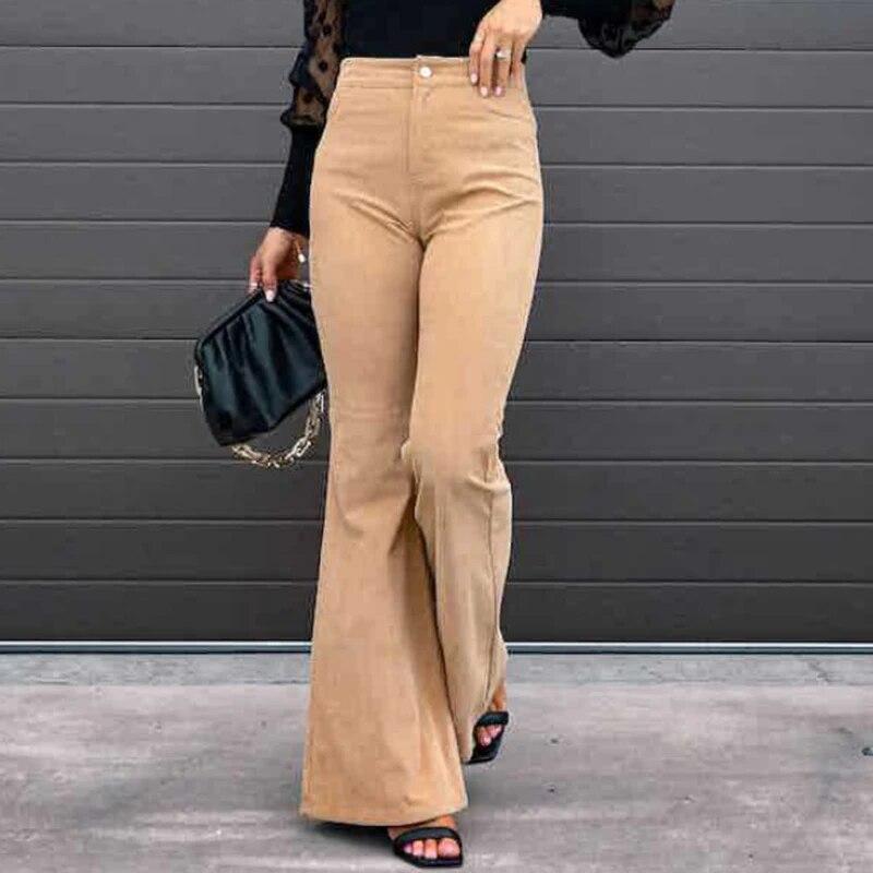 Moda szczupła jednokolorowa, sztruksowa talia spodnie damskie Slim Fit eleganckie spodnie Flare kobieta Vintage proste spodnie typu casual 30668