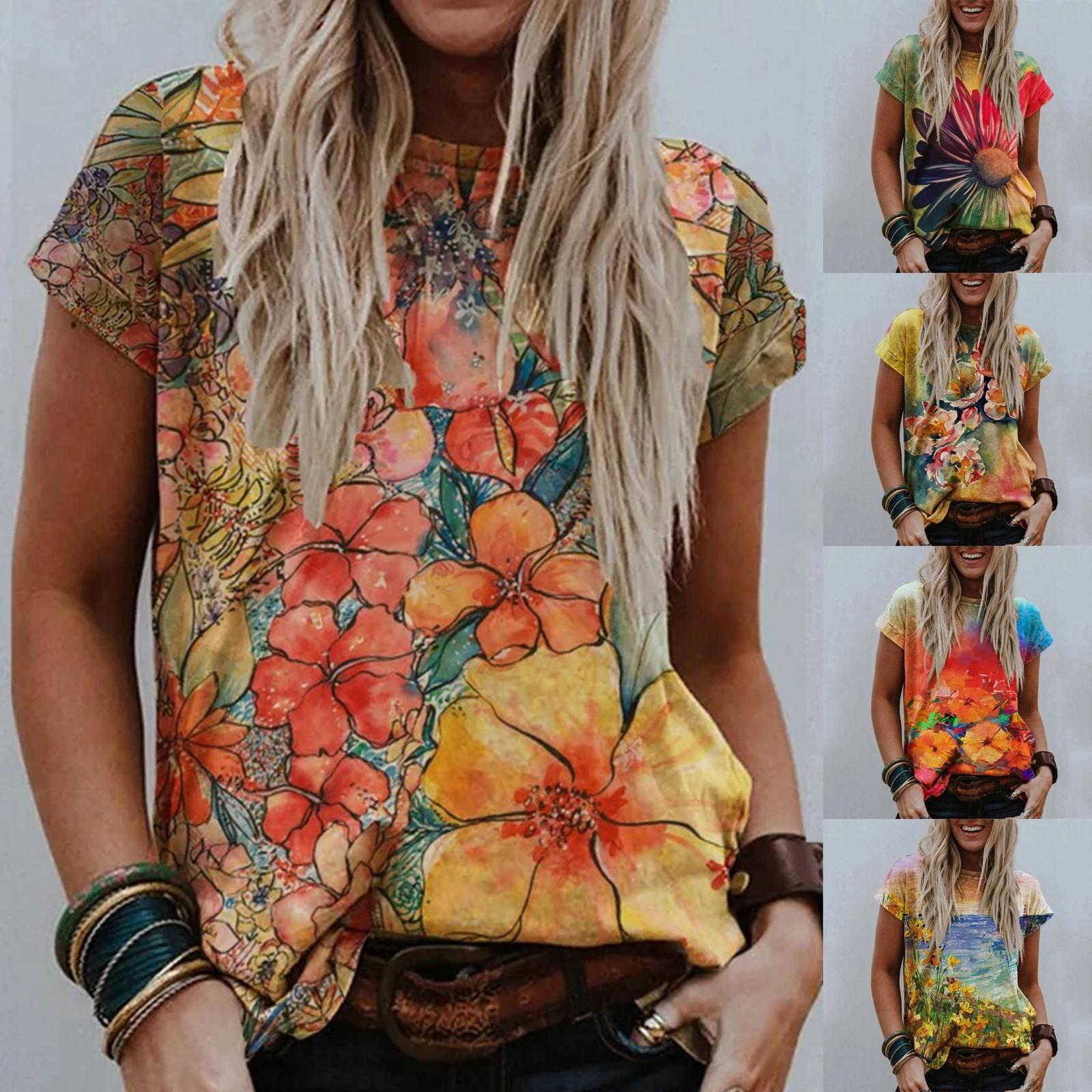 

Women Flower Character Print V-Neck Short-Sleeved Top T-Shirt