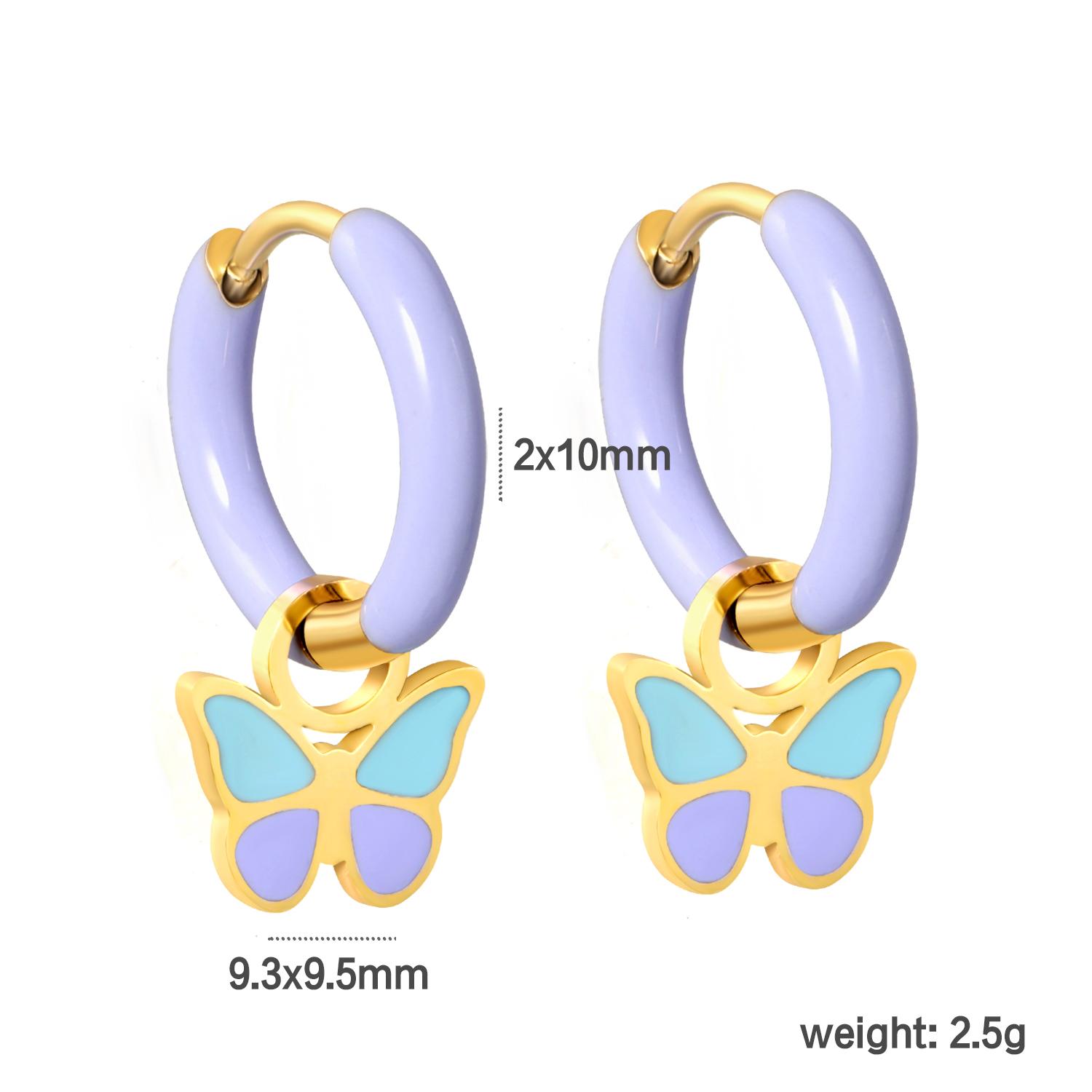 Geometric Stainless Steel Circle with Purple Drip Oil Butterfly Strap Mixed Color Drip Oil Accessory Earrings Gift