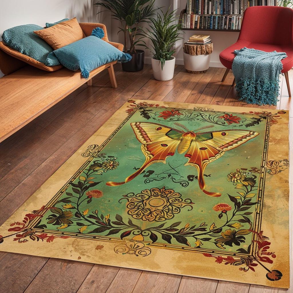 Green Luna Moth Area Rug Cottagecore Floral Art Deco Carpet for Home Living Room Decoration Lounge Bedside Floor Decorative Mat