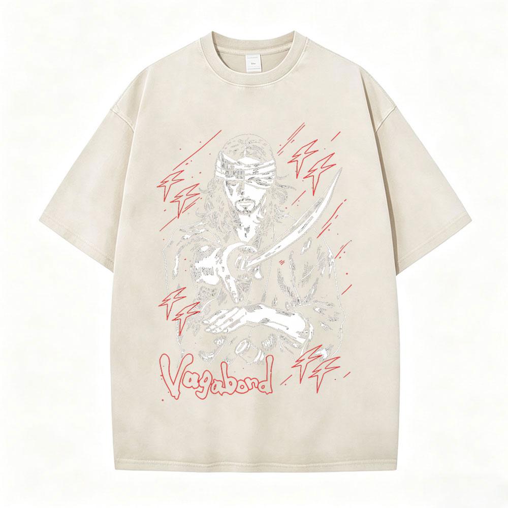 Japanese Anime Vagabond Miyamoto Musashi Vintage Washed Tshirts Men Women Clothing Fashion Retro Cotton Short Sleeve T Shirts