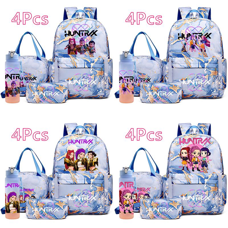 4 st/set K-Pop Tryckt Ryggsäck Handväska Pennfodral med 750 ml Vattenflaska för Tonårspojke Flicka Skolväska Student Stor Kapacitet Bokväska Barn Gåva