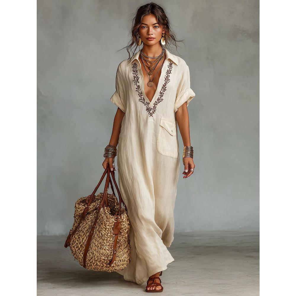 Spring and summer, Europe, America, loose women s embroidery pocket casual lapel cotton and linen jumpsuit S абрикосовый