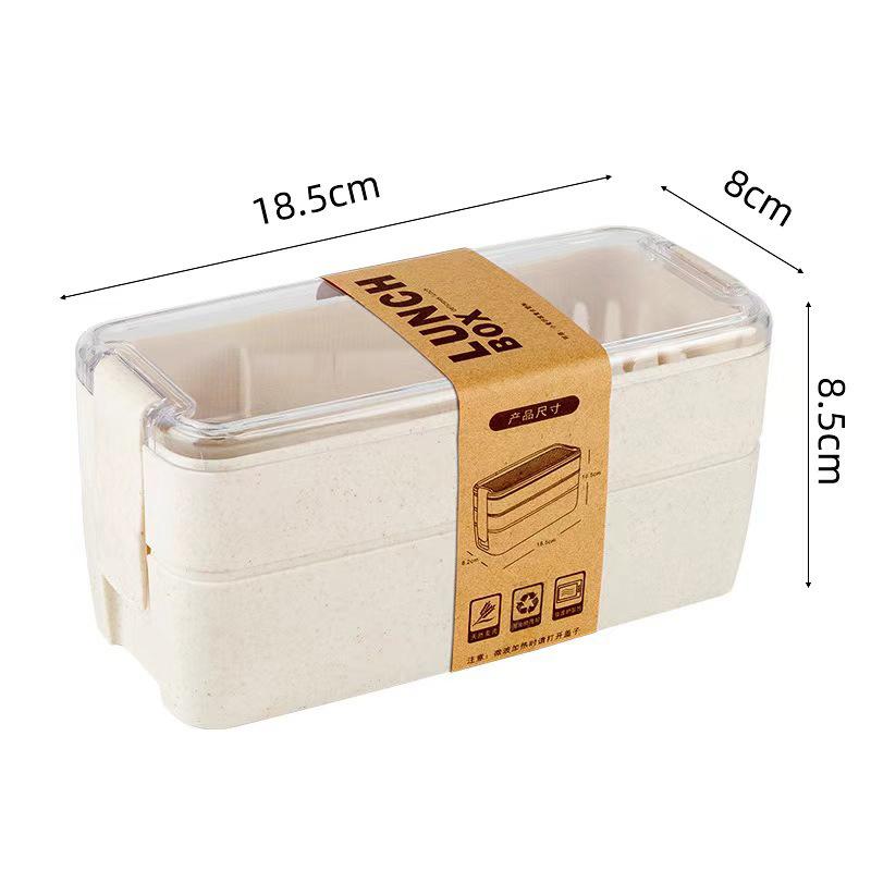 Double-Layer Wheat Straw Lunch Box With Fork And Spoon Microwave Safe Portable Lunch Box For Office Workers And Students