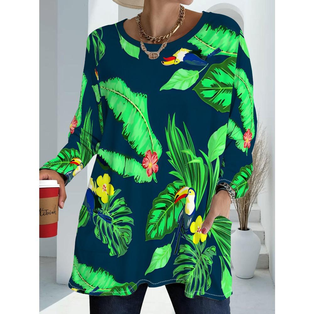 Women's Plus Size Pocket Rainforest Print Loose Long Sleeve T-Shirt