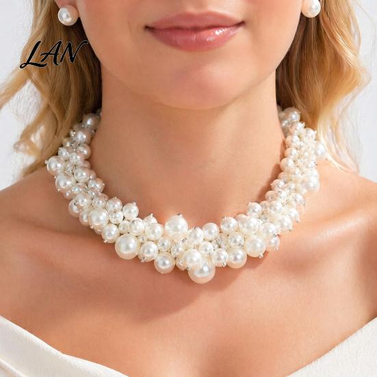 Faux Pearl Choker Necklace 1 Set Chunky Jewelry, Beaded And V-neck Accessory Earrings, Metallic for Women Dinner Parties Wedding Collarbone Enhancing