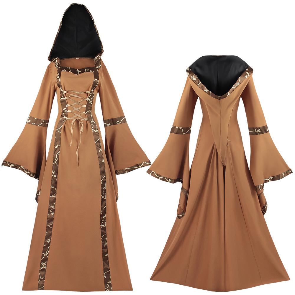 Medieval Clothing Retro Hooded Dress Square Neck Strap-up Flared Sleeve Big Swing Dress Performance Clothing