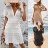 Deep V-Neck Ruffled Beach Dress for Women, Hollow Wave Beach Short Skirt with Elastic Waist Cover-Up