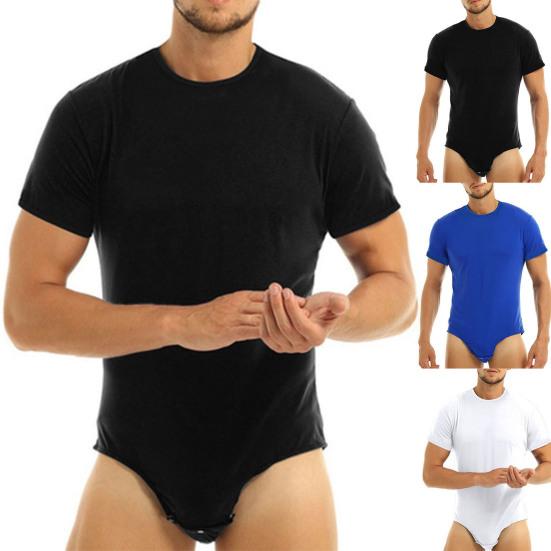Bodysuit Pajamas Bodybuilding Short Sleeve Solid Color Crew Neck Men One Piece Underwear Romper for Home