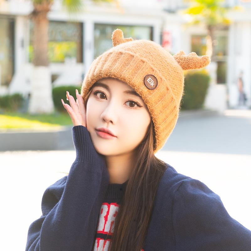 

Christmas antler hat children winter warm knitted wool hat fleece cold-proof pullover cute novelty student One size fits all
