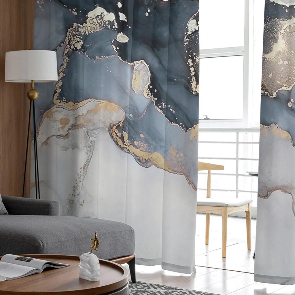 Marble Texture Ink Painting Golden Lines Tulle Curtains For Bedroom Modern Voile Curtains Home Decoration Window Curtains