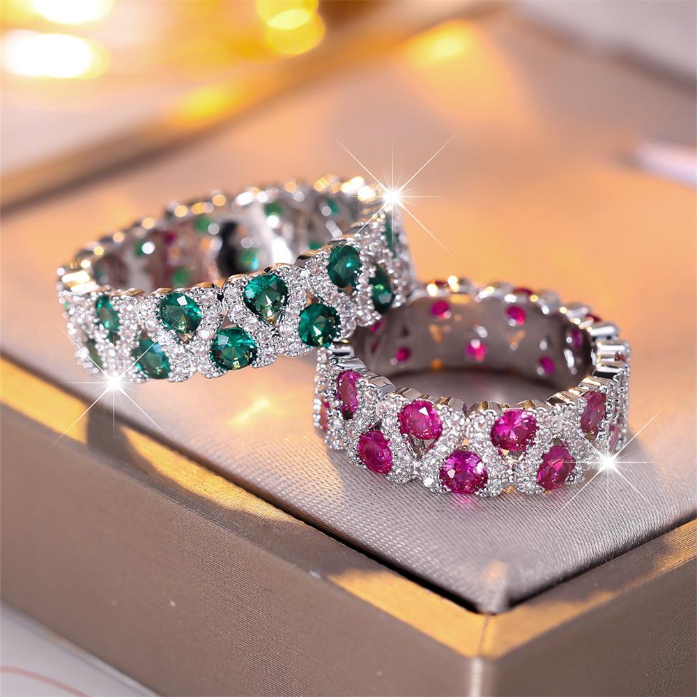 Green Crystal Round Stone Engagement Ring Rose Red Zircon Wedding Bands Rings For Women Trendy CopperColor Bridal Party Jewelry