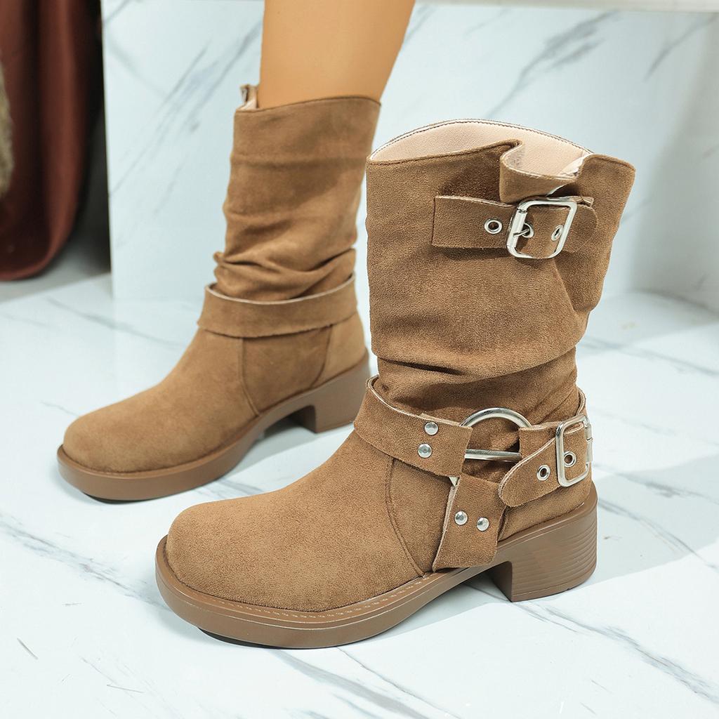Frosted Cowhide Western Cowboy Boots Women's Genuine Leather Thick Heel Short Boots Retro Square Head Brown High Heel Wasteland Wind Boots