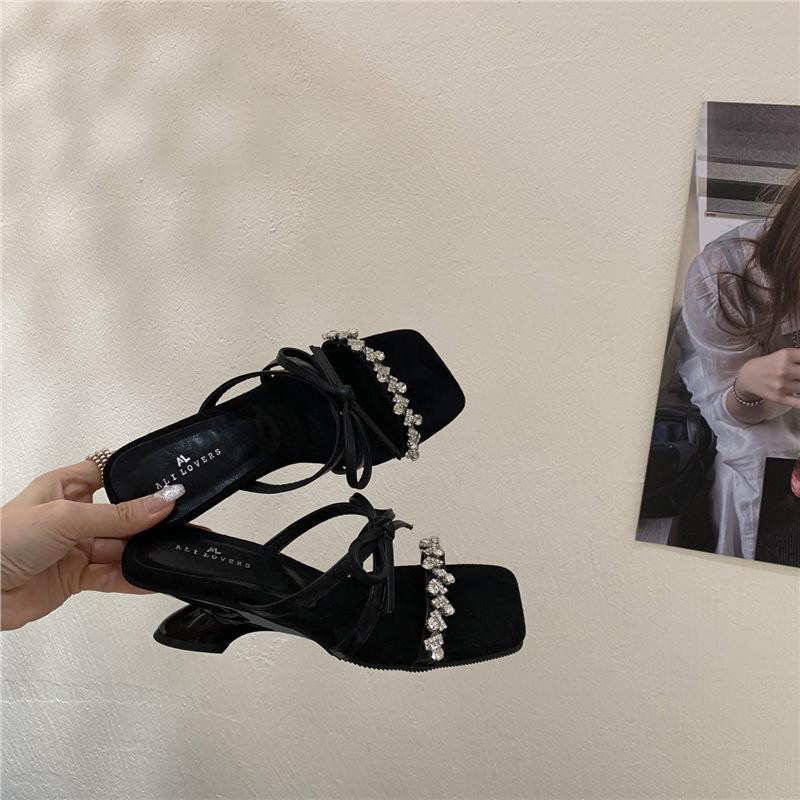 Fashion Square Heel Low Flower High-Heeled Shoes Lady Ladies' Slippers Block Summer PU Rubber Scandals Fabric Slides Floral Hoof