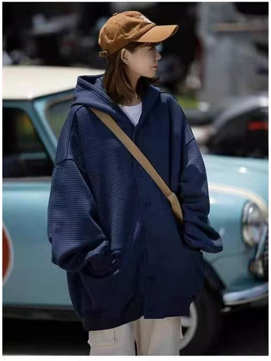 Unisex Japanese Retro Waffle Knit Hooded Cardigan - Loose Fit Solid Color Autumn/Winter Casual Jacket