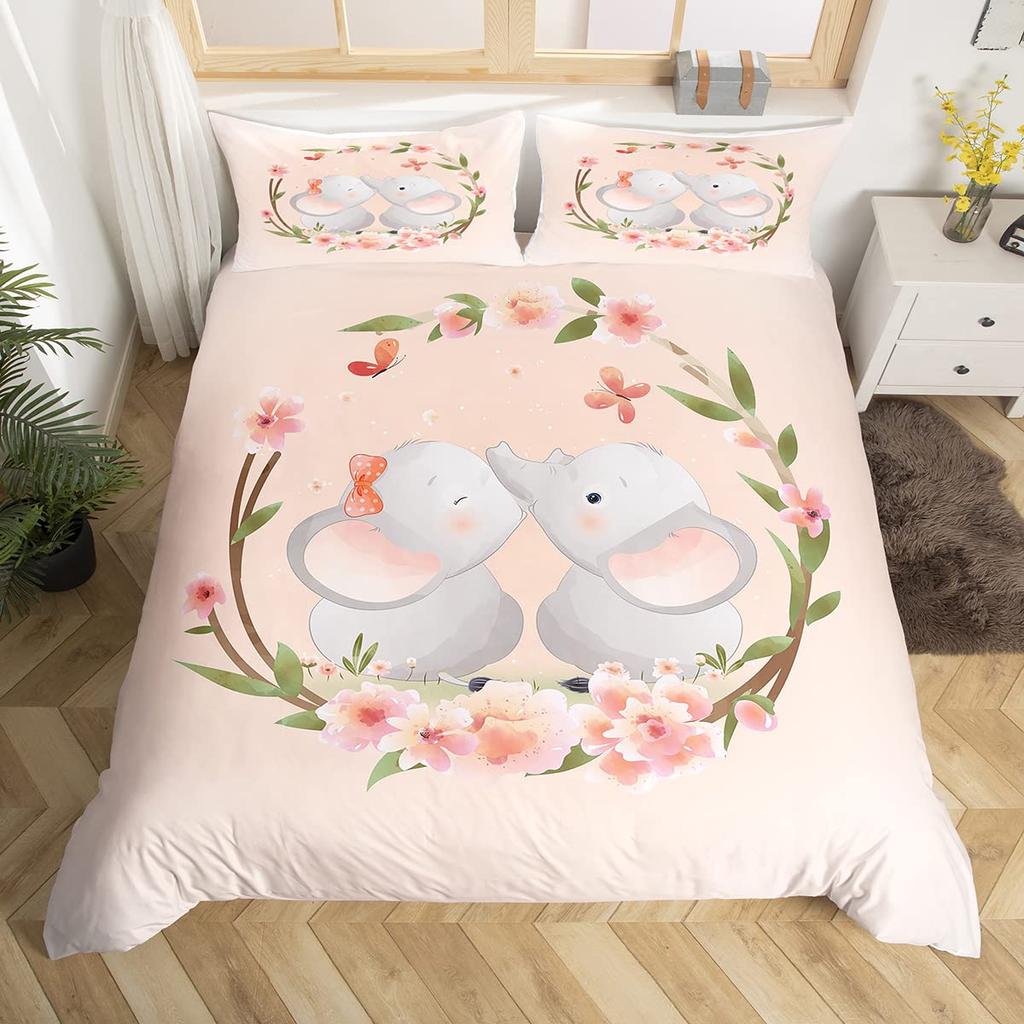 Natural Bedding Set 3Pcs For Boys Girls Cartoon Wildlife Animal Flower Print Comforter Cover Green Microfiber Duvet Cover Set