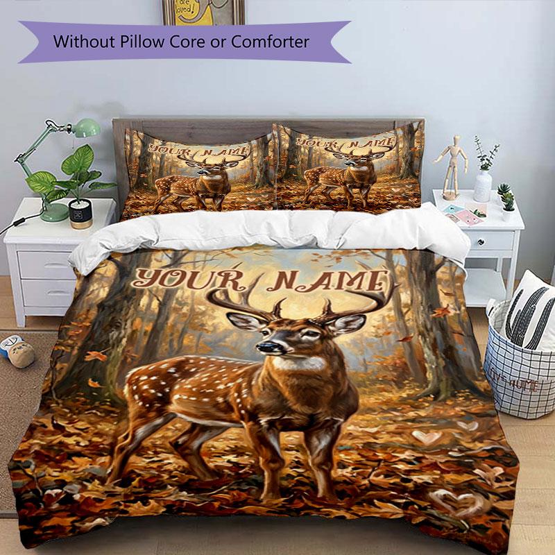3PC Custom Name Autumn Deer Art Bedding Set Duvet Cover Closure Includes 1 Duvet Cover & 2 Pillowcases for Bedroom