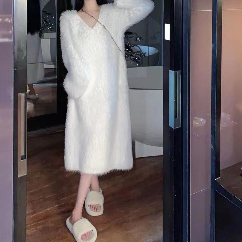 Temperament celebrity style soft waxy sweater skirt women's autumn and winter new lazy imitation mink plush long knitted dress