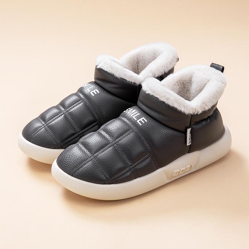 

ПУ водонепроницаемые хлопковые туфли женские зимние нескользящие утолщенные теплые туфли мужские кожаные водонепроницаемые толстые подошвы пара хлопковые тапочки на толстой подошве 46-47