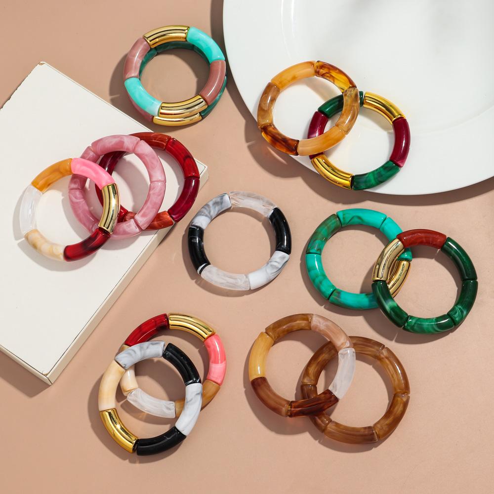 Retro Acrylic Chunky Bamboo Curved Tube Bracelets for Women Boho Mixed Color Resin Stretchy Stack Bangles Trendy Jewelry Gifts