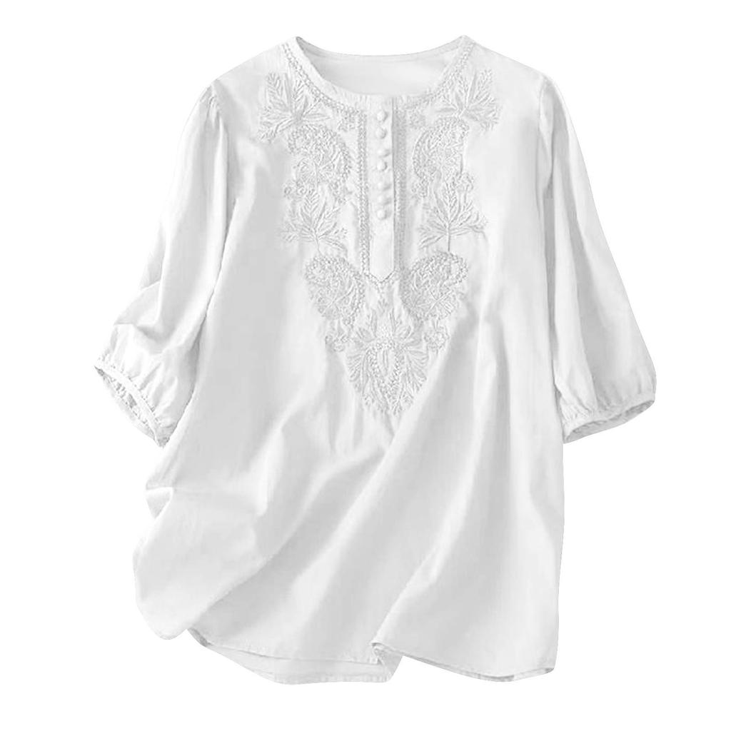 Dames Kleur Vintage Los Rond Hals Dun Katoen Linnen Tops Pullover Tops