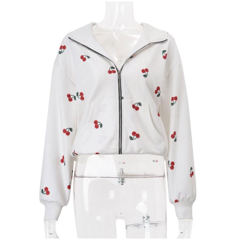 Women's Fashion Cherry Print White Hoodie Sweatshirt 2026 Spring Women's Long Sleeve Loose Streetwear Zip Up Hooded SweatShirt