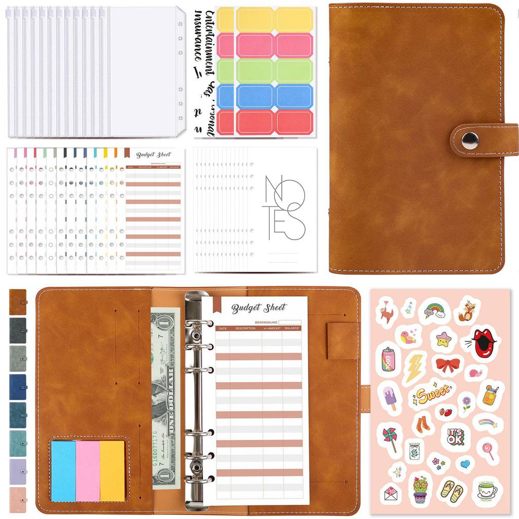 Budget Planner Loose-leaf Retro Leather Notebook Set Budget Binder Money Envelopes Monthly Planner Label Stickers
