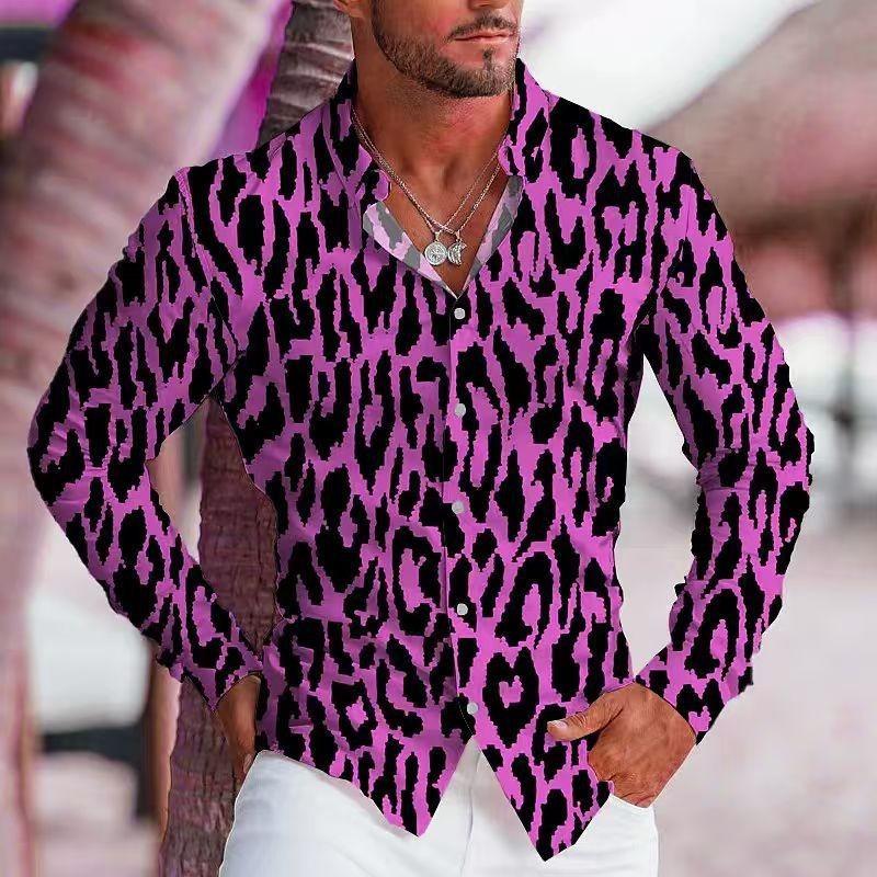 Herren Langes Lila Leopardenmuster Sommer Hemd Lässig Party