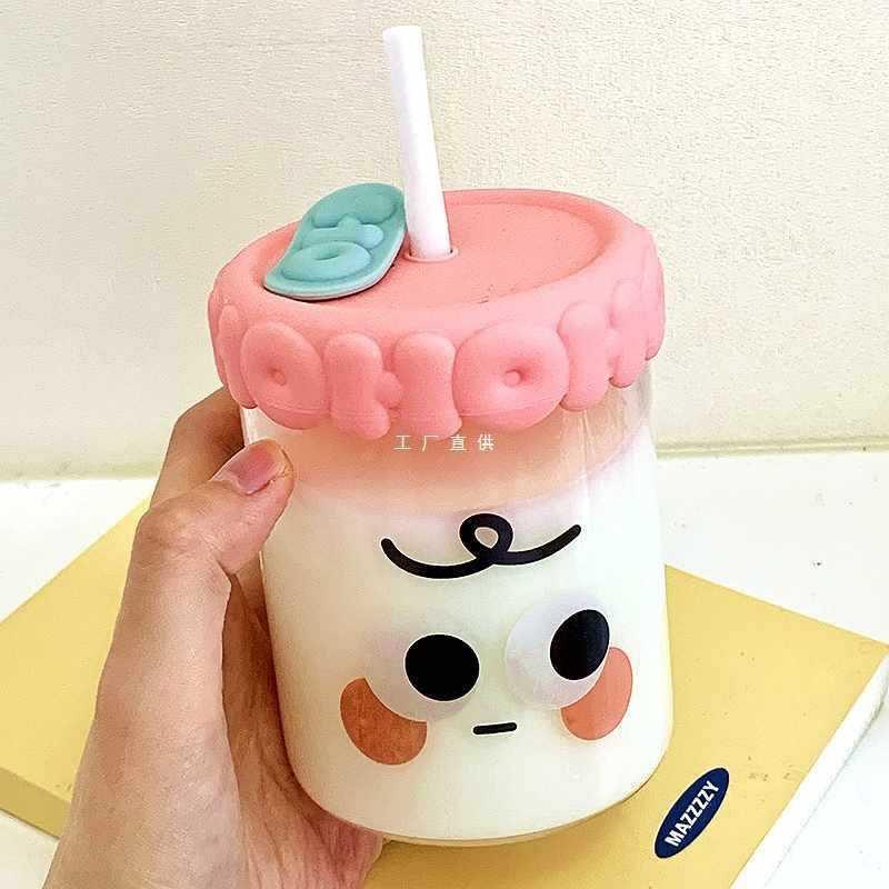 380ml/520ml Cute Expression Glass Water Bottle With Straw Portable Adult Student Coffee Milk Juice Drinking Bottles