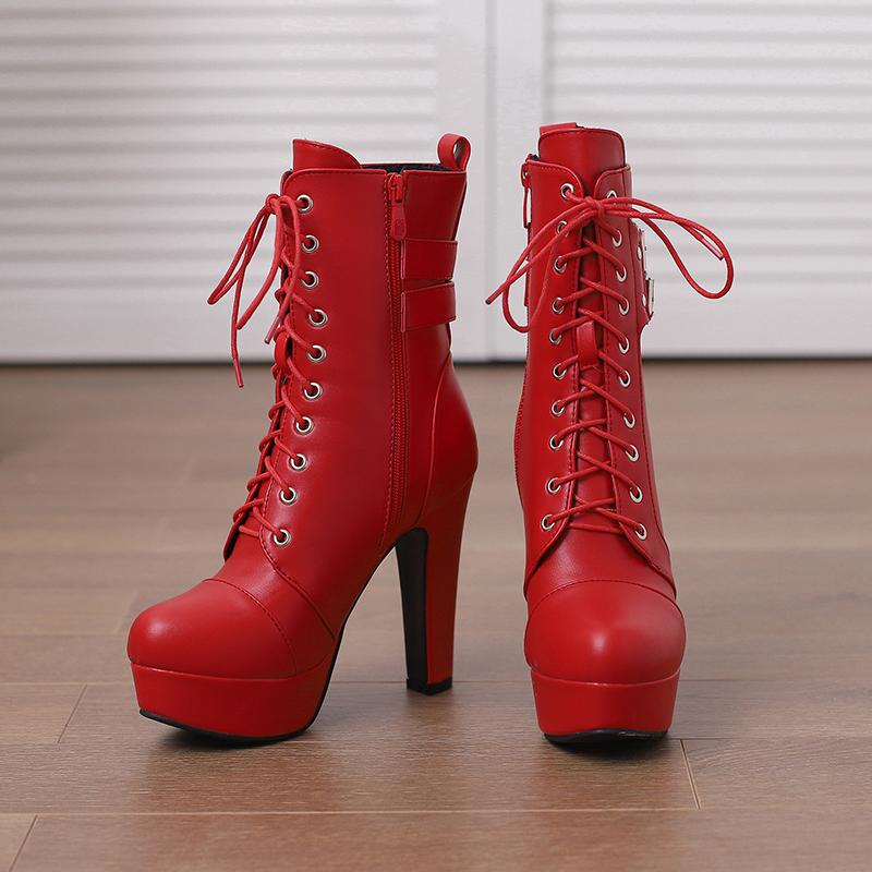 Women's High Heel Short Boots Autumn and Winter New Waterproof Platform Thick Heel Versatile Large Roman Short Boots