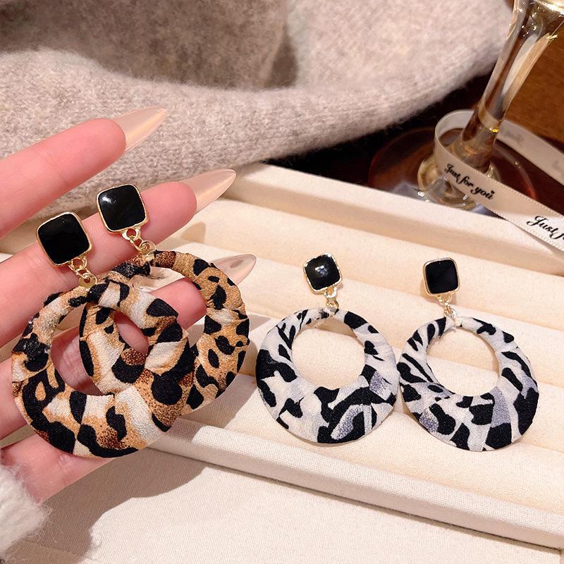 Geometric Leopard Print Hoop Earrings with Retro Fabric Wrap