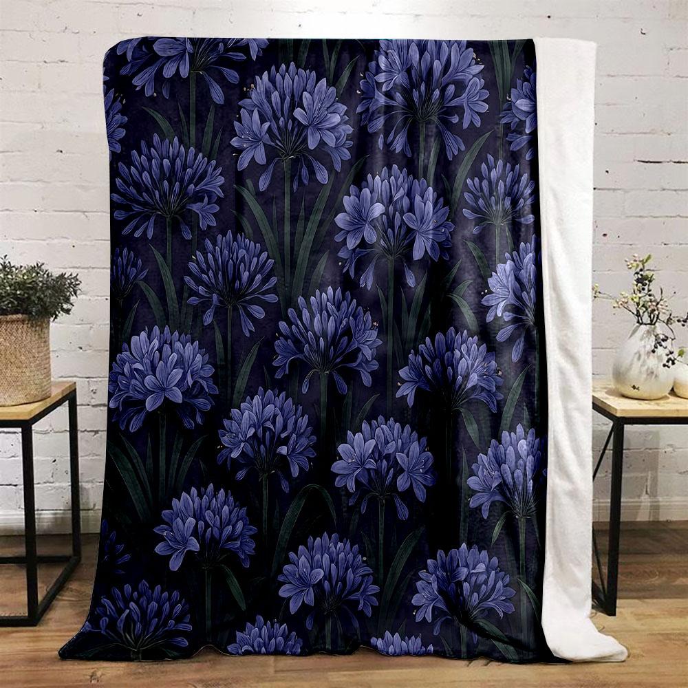 Purple Floral Pattern with Green Leaves Patterned Flannel Blanket Perfect for the Bedroom Living Room, Sofa, or a Little Nap