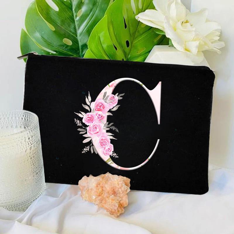 Damen Tasche Make-up Tasche Brautjungfer Make-up Taschen Blumen Alphabet Druck Leinen Reißverschluss Tasche Reise Organizer Etui Mujer Bolsas Kosmetik